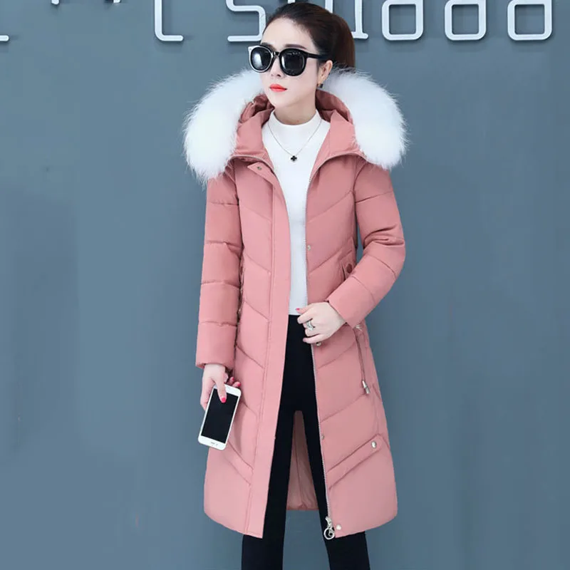 Fashion White Duck Down  Women's Temperament Mid-length  Korean Version Hooded Slim Embroidery Winter Fur Collar Coat Lady