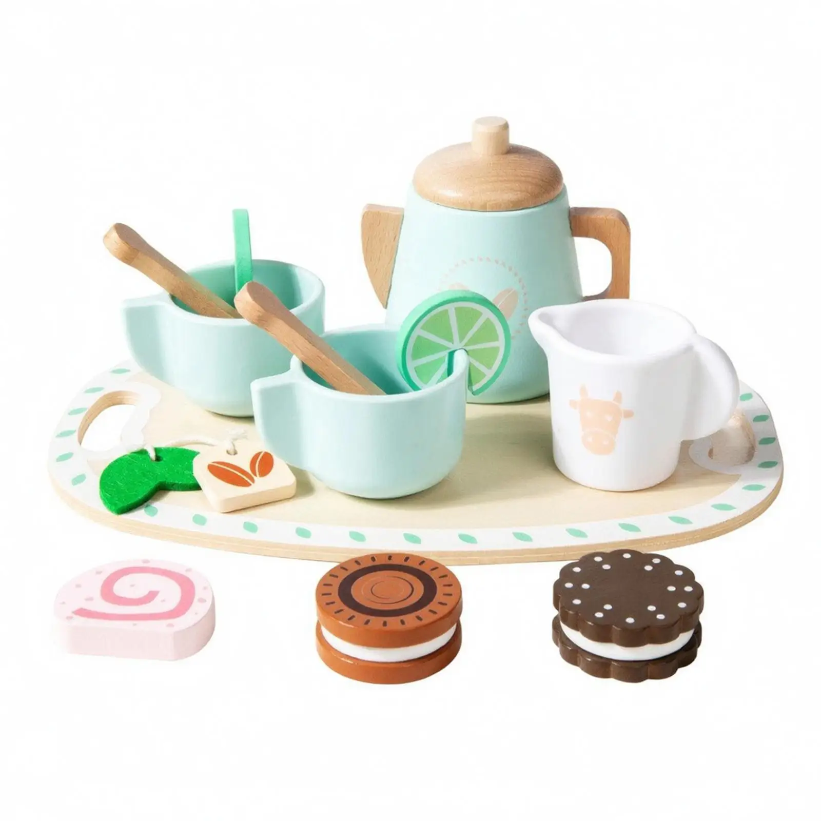 Pretend Play Wooden Tea Party Set for Children Miniature Kitchenware with Cookie Pastry and Fruit Pieces