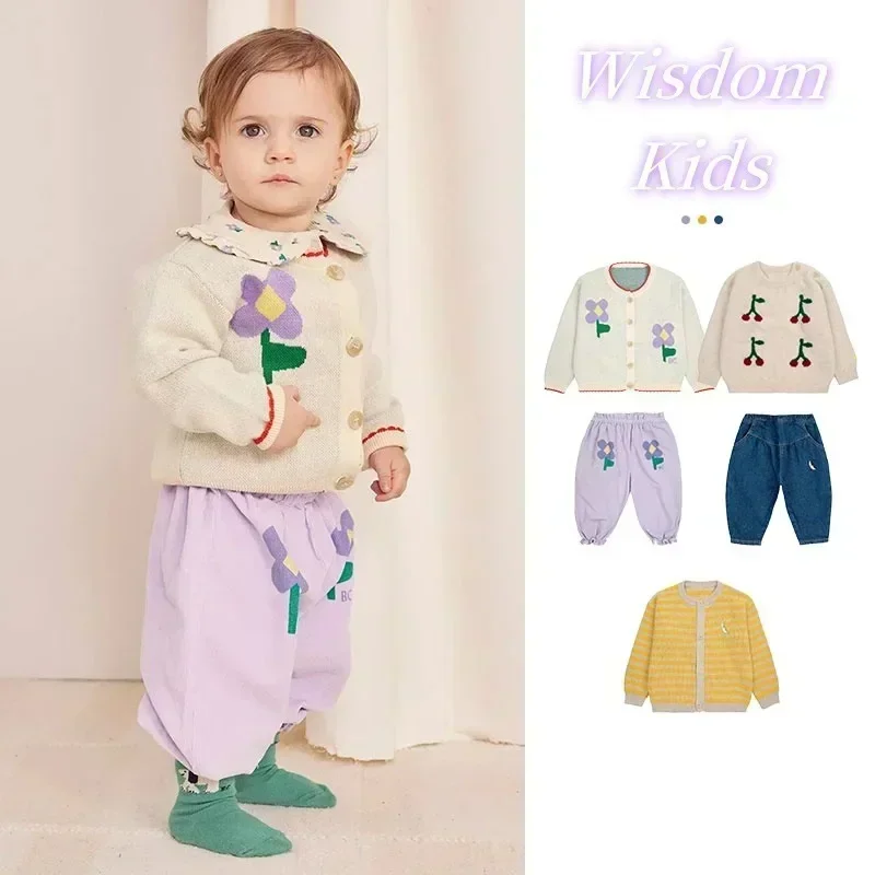BC Kids Clothes Set 2024 Autumn/Winter New Baby Knitted Cardigan Sweater Boys Girls\' Flowers Sweatshirt and Sweatpants Set