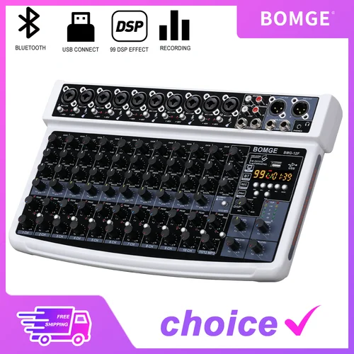 Interfaz mezcladora de Audio de grabación portátil profesional 99DSP de 12 canales con tarjeta de consola de sonido USB 48V BT para PC MP3 DJ karaoke