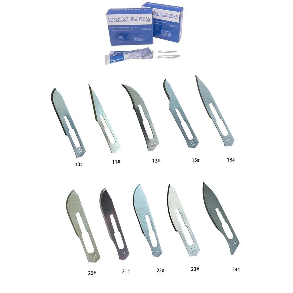 Lâminas cirúrgicas Lâmina de bisturi, Instrumentos médicos, Desmontar ferramenta, Revolve Handle, Dentist Dental Tool, 12 tamanhos, 100pcs