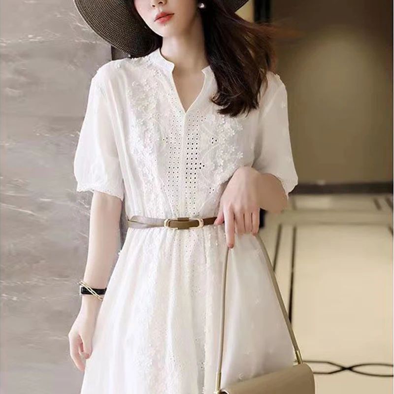 Summer Elegant Fashion White Embroidery Hollow Dress Ladies Short Sleeve Simple Casual Waist A-line Dresses Sweet Cotton Robe