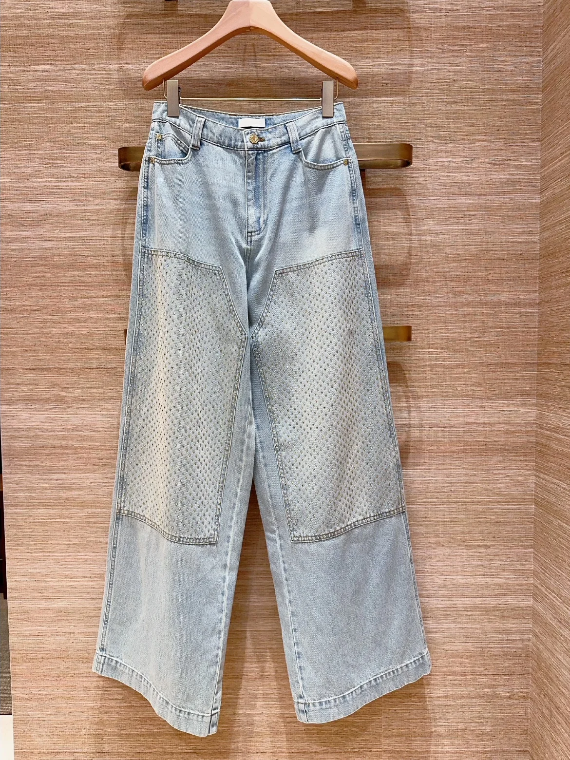 

Джинсы с высокой талией и широкими штанинами HEIDD S Home, ранняя весна, с аппликацией из страз, светло-голубые, повседневные, из хлопковой ткани