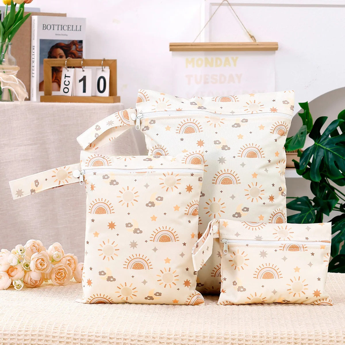 3pcs/set Baby Diaper Bag Nappy Organizer Reusable Waterproof Cute Print Wet/Dry Bag Mummy Storage Travel Bag
