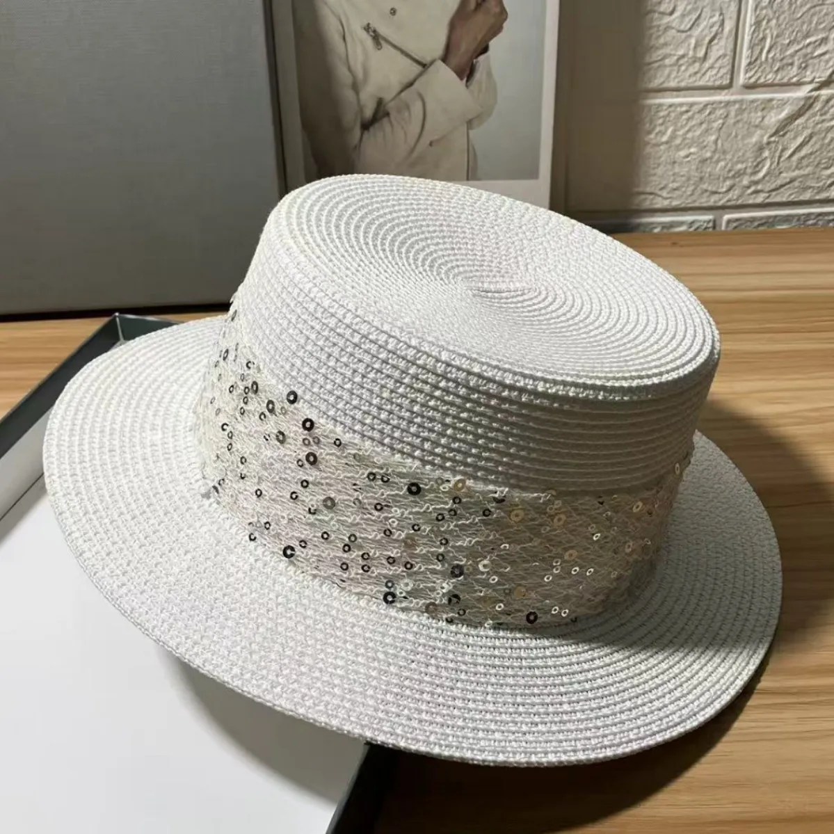 

French Elegant Flat Brim Straw Hat for Women, Spring Summer Beach Sun Cap, Wide Brim UV Protection, Face Slimming Vacation Hat