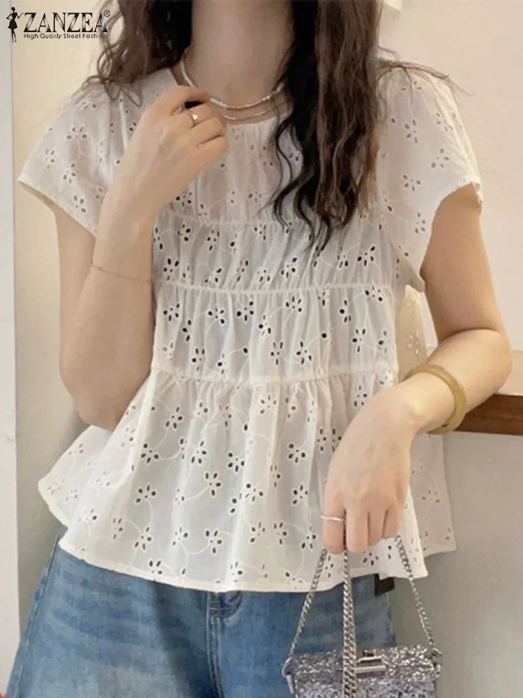 ZANZEA Women Short Sleeve Blouse Summer Fashion Hollow Out Work Shirt Lace Patchwork Tops Tunic Femme Elegant Party Blusas 2024