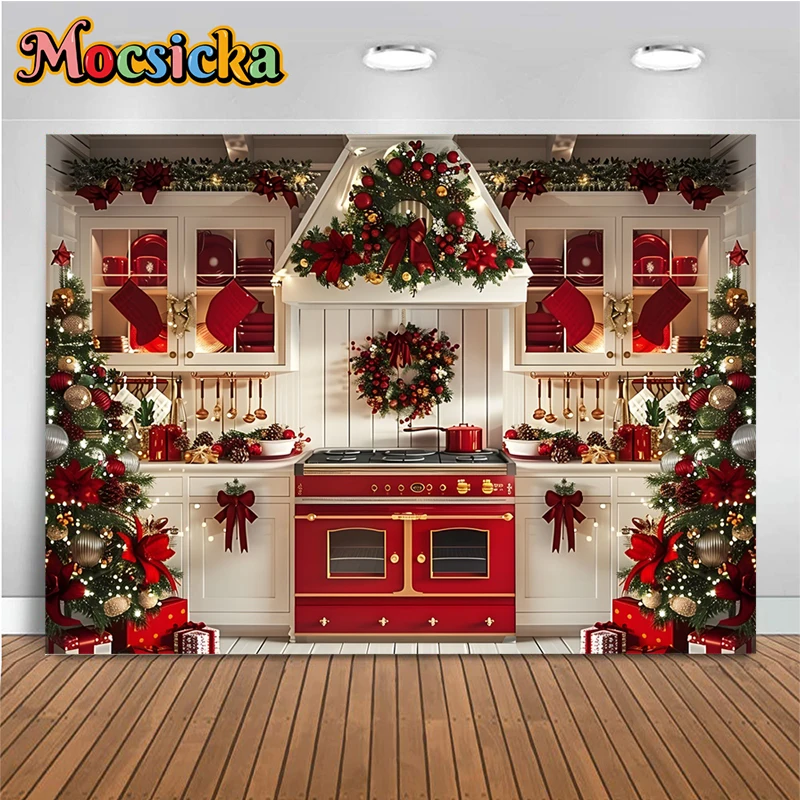 Christmas Kitchen Photo Background Baby Red Sock Green Restaurant Christmas Tree Big Backdrop Stand Decoration Fond Photo Studio