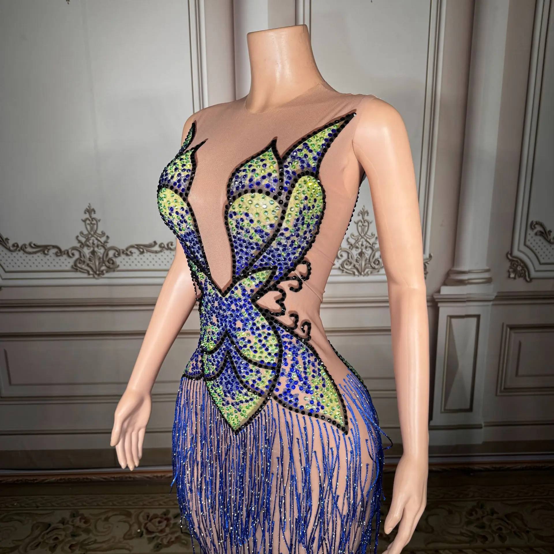 

Heavyweight Sequined Fringed Sheer Sexy High-waisted Dress for Ballroom Bar Nightclub Socialite's Birthday Party Attire