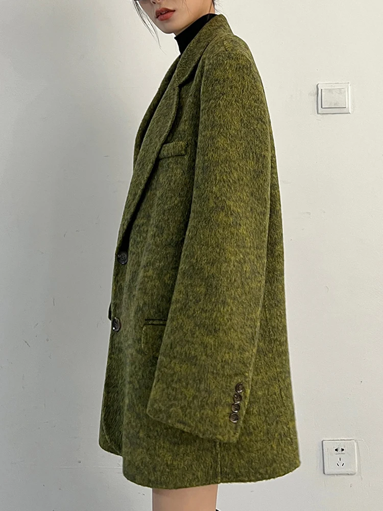 YERMORA Green Button Vintage Wool Blazer For Women Lapel Long Sleeve Loose New Thick Jacket Fashion Tide Autumn Winter 2025