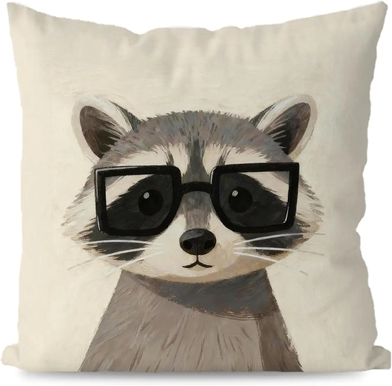 Cool Raccoon with Glasses Pillowcase, Funny Animal Portrait Cushion Cover, Hipster Art Home Decor, Unique Living Room Sofa Gift