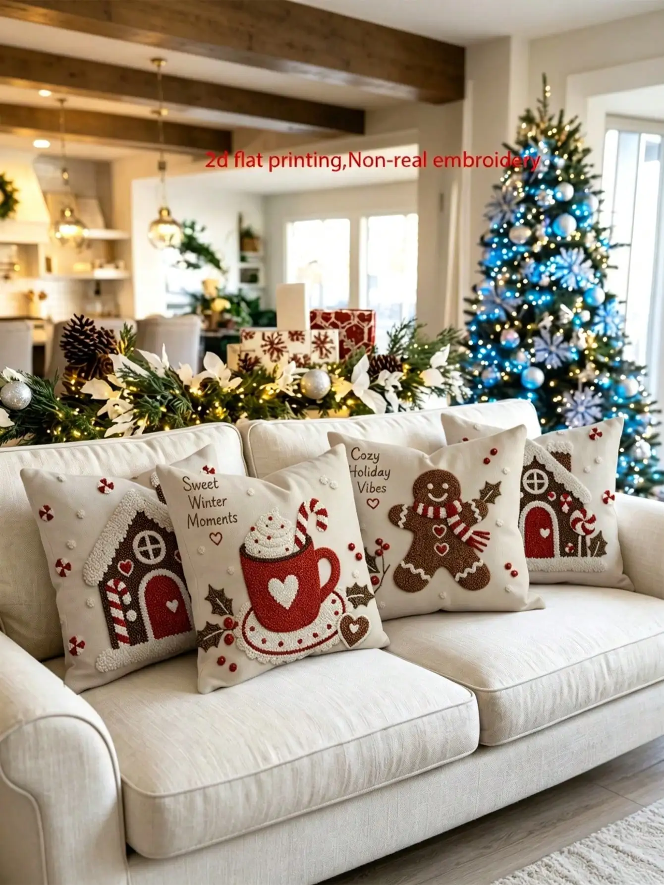 4pcs 2D Flat Christmas Gingerbread House & Mug Throw Pillow Covers - Rustic Farmhouse Cushion Covers Suitable For Bedroom, Sofa, Car, Zipper Closure, Non-Embroidery Retro Decorative Pillowcases, 18x18inch, No Inserts, Room Decor, Christmas Home Decor