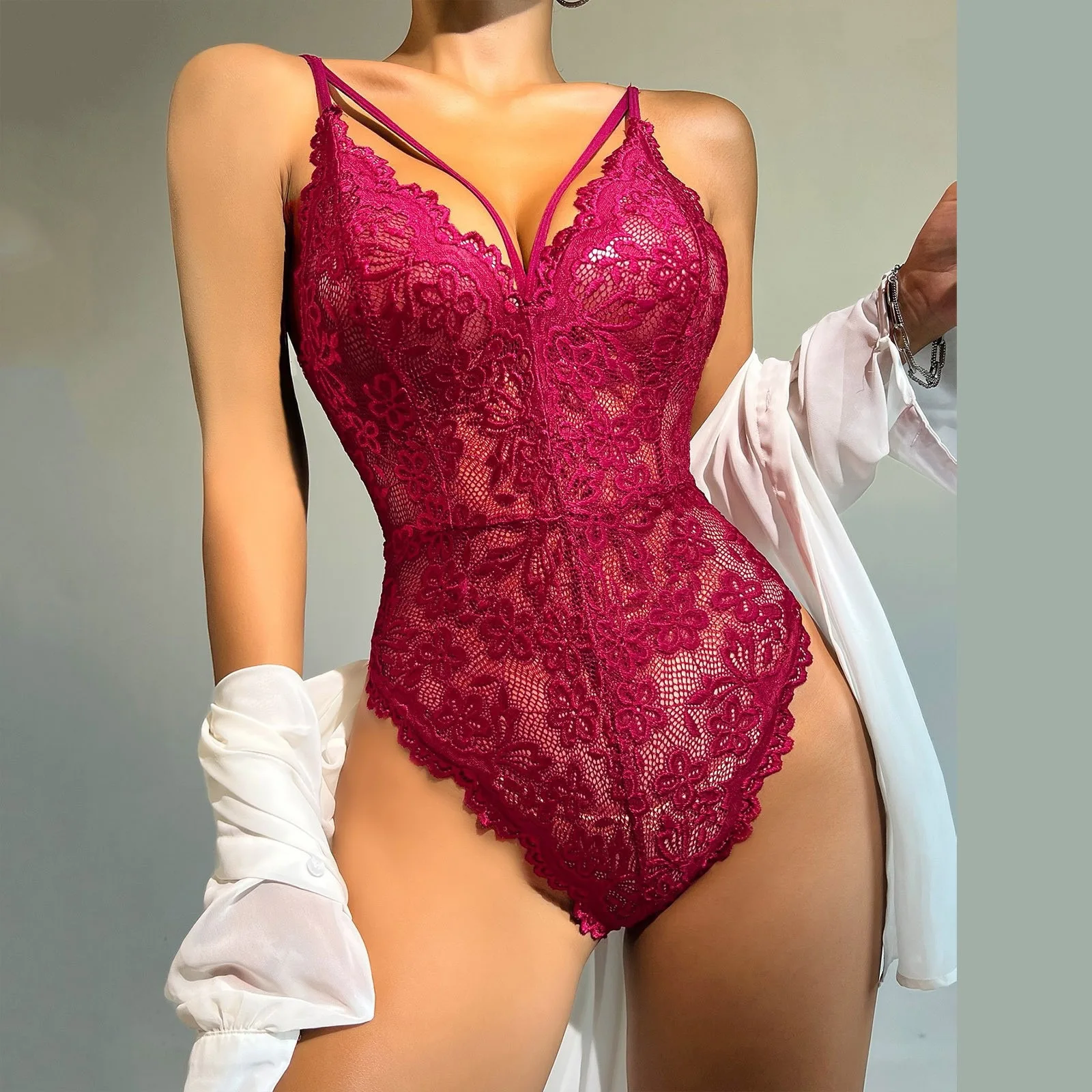 Sexy Crotchless Red Lingerie Women Lace Bodysuit Open Crotch Erotic Outfits Teddy Babydoll Dress Transparent Porn Underwear Set