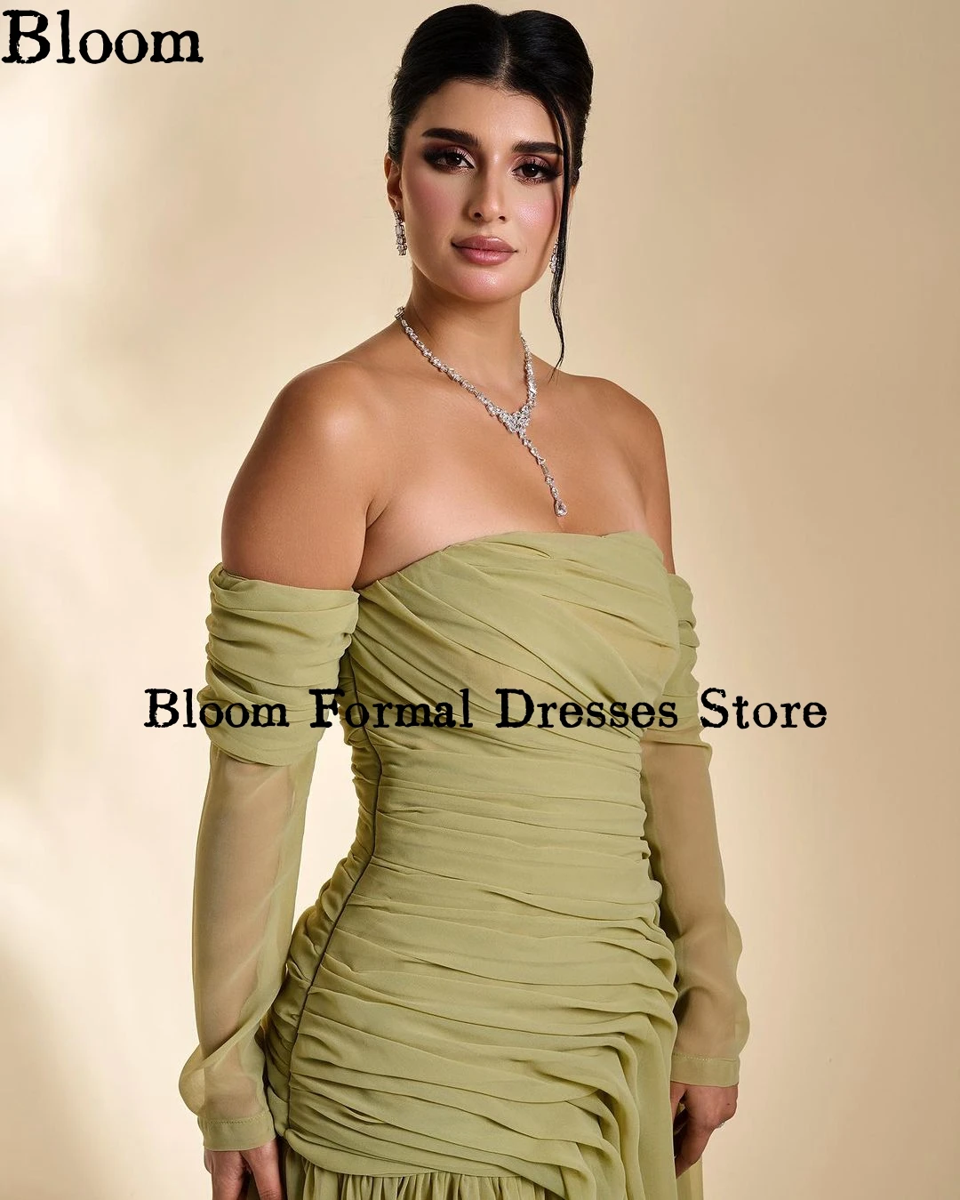 Vestido de fiesta de gasa verde salvia, manga larga fruncida, elegante vestido de noche, diseño de Arabia, boda, 2024