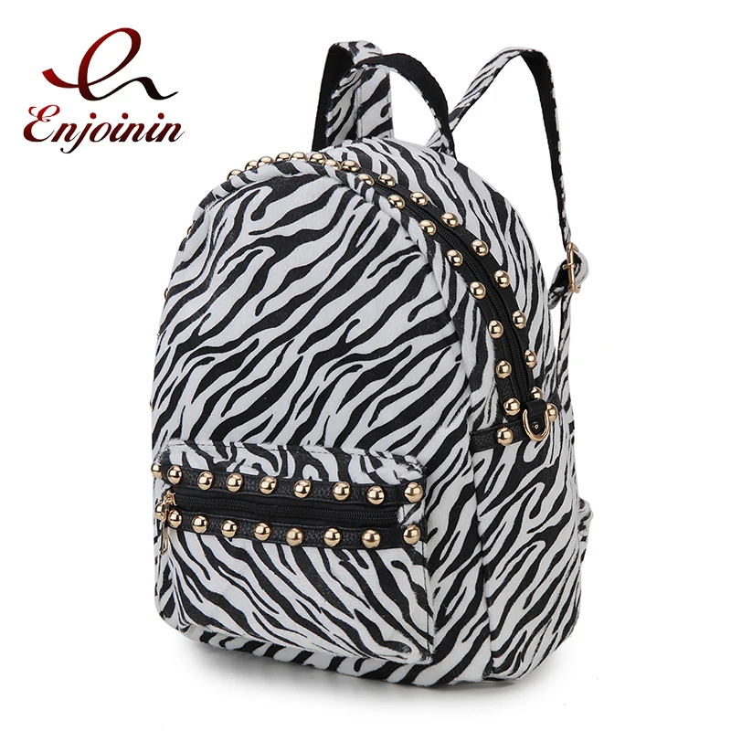 

Fashion Zebra Pattern Backpack for Women Large Capacity Travel Backpack Student School Bag Punk Rivet Shoulder Bag Faux Fur 2022