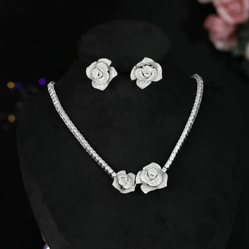 

Серьги с розой и камелией, европейское и американское модное ожерелье, соответствующий комплект из двух предметов