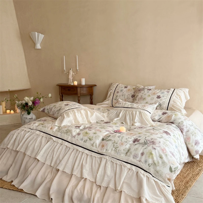 French Country Floral Linen Cotton Bedding Set Ruffle Lace Duvet Cover Pillowcases Bed Sheet Vintage Farmhouse Bed Linen 4Pcs