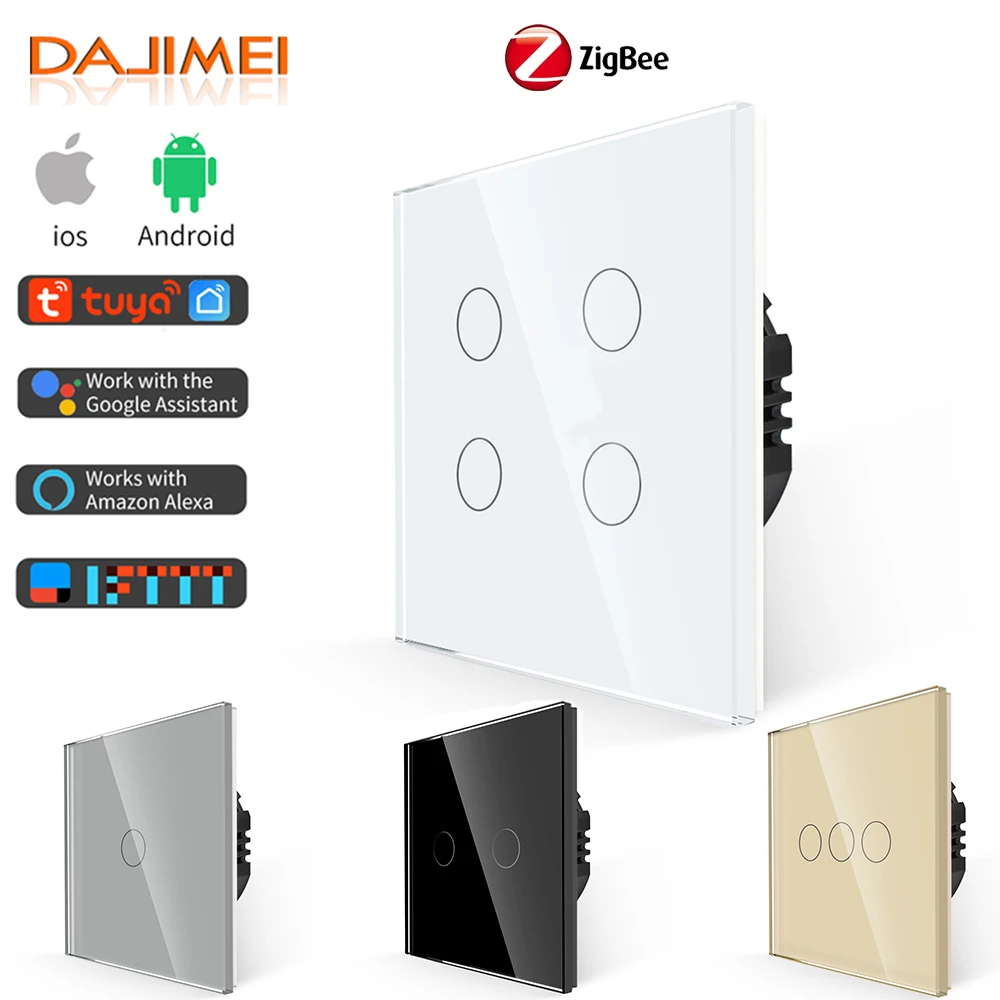 

DAJIMEI Zigbee Smart Switch 1/2/3/4Gang Wall Touch Sensory Switches with Crystal Glass Panel Tuya Smart Life Alexa App Control