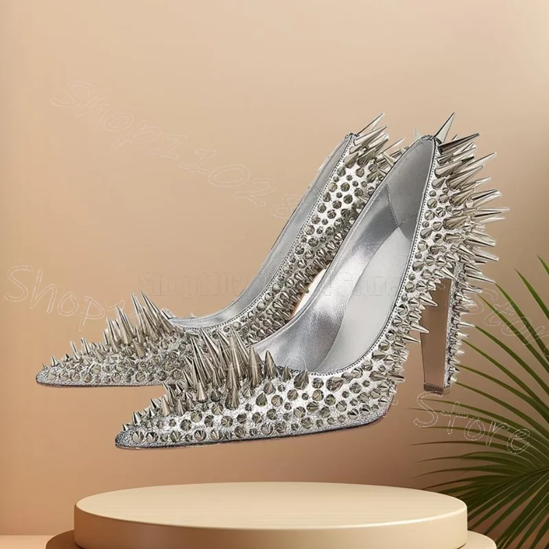 

Silver Spikes Design Shallow Pointed Toe Pumps Slip On Women Shoes Thin High Heels Party Runway Dating 2025 Zapatos Para Mujere