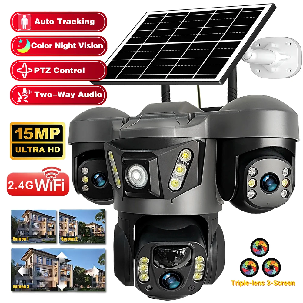 Caméra solaire extérieure V380 WiFi alimentée par batterie, 3 objectifs, 15MP HD, vision nocturne couleur, système de surveillance de sécurité avec moniteur vidéo, zoom 10X, vision nocturne CCTV, étanche IP66, détection humaine PIR, caméra de sécurité WiFi