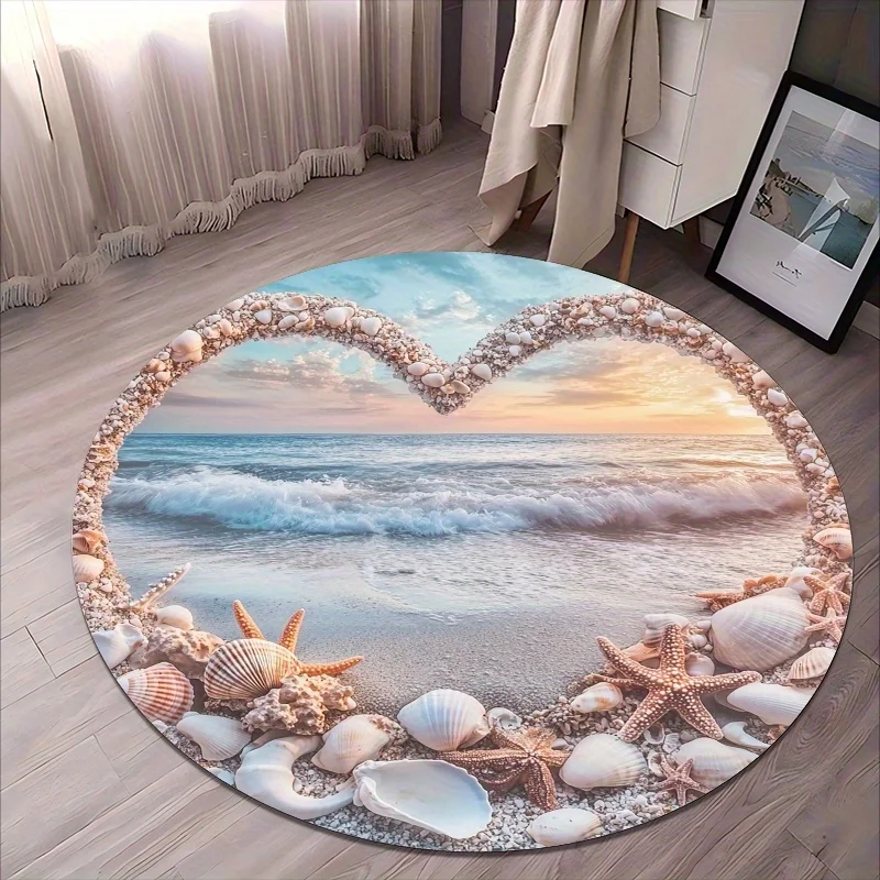 2D Flat 1pc Seashell Heart Sunset Ocean Round Floor Mat, Lightweight  Machine Washable, Home Decoration. Romantic Beach Vibe, Suitable for Living Room, Bedroom, Bathroom Decor, And a Perfect Gift for Beach Lovers Or Annive