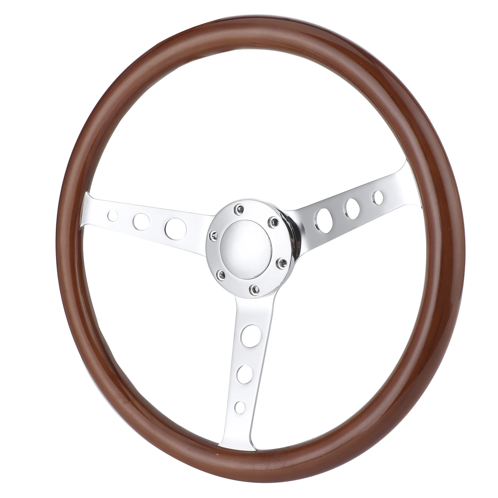 15in 6-Hole Steering Wheel Retro Mahogany Wood Grip Stainless Steel Spoke with Horn Cover Cable