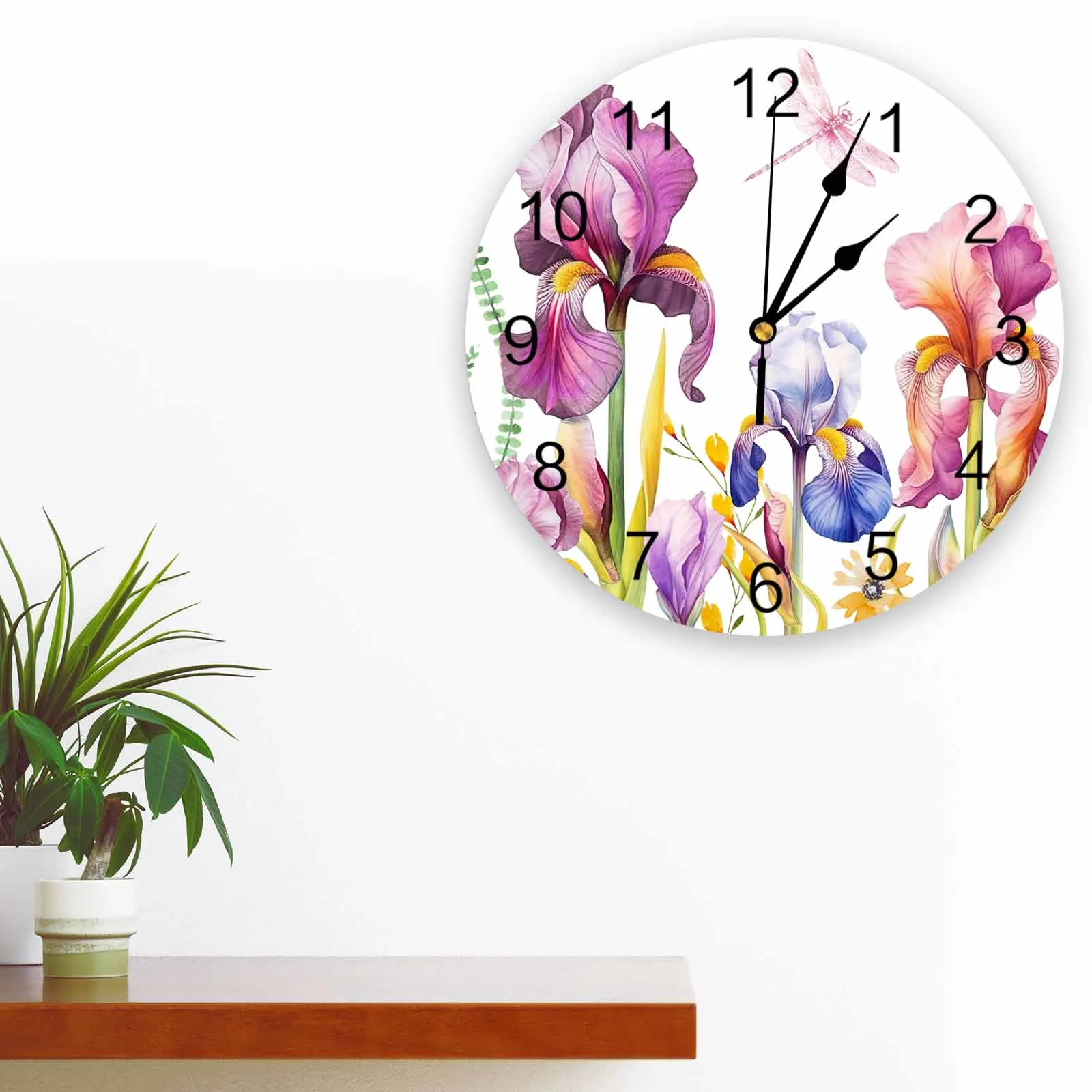 Easter Iris Watercolor Plant Illustrations Printed Wall Clock Modern Silent Clock Living Room Home Decor Wall Hanging Watch