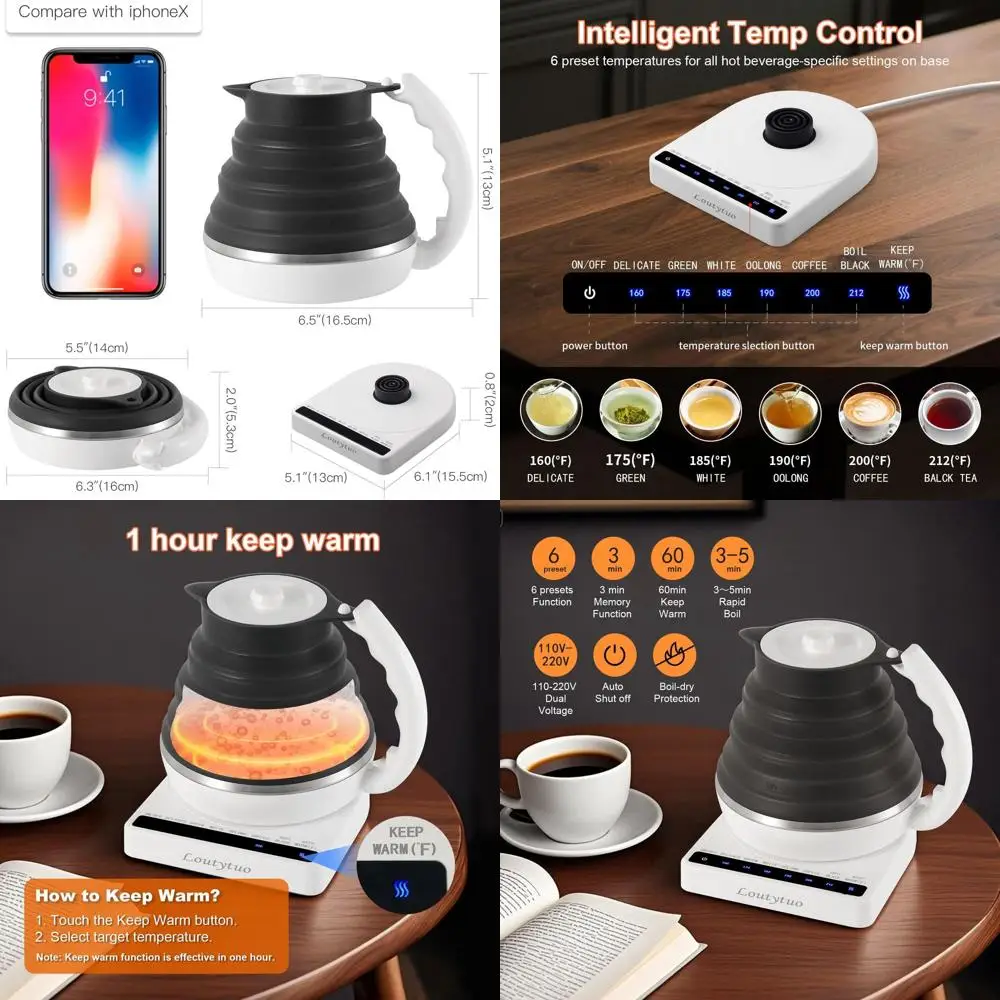 

Portable Food-Grade Silicone Electric Kettle with Adjustable Temperature, Dual Voltage, Auto-Off, Dry Boil Protection, and Warmi