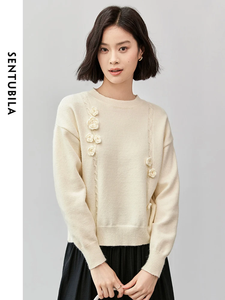 

SENTUBILA Crew Collar Knit Sweater Women 2024 Autumn Casual Loose Three-dimensional Flower Long Sleeve Pullover Top W43E56356