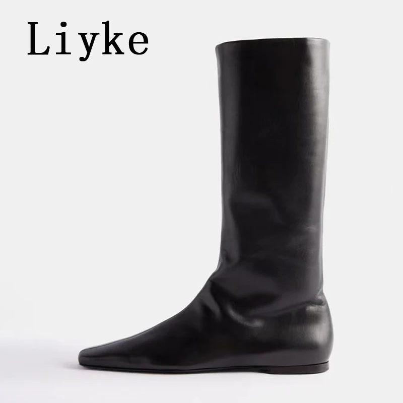 

Liyke/Новые зимние модные ботинки до середины икры, женские черные уютные кожаные повседневные женские туфли на плоской подошве с квадратным носком, длинные Botas De Mujer