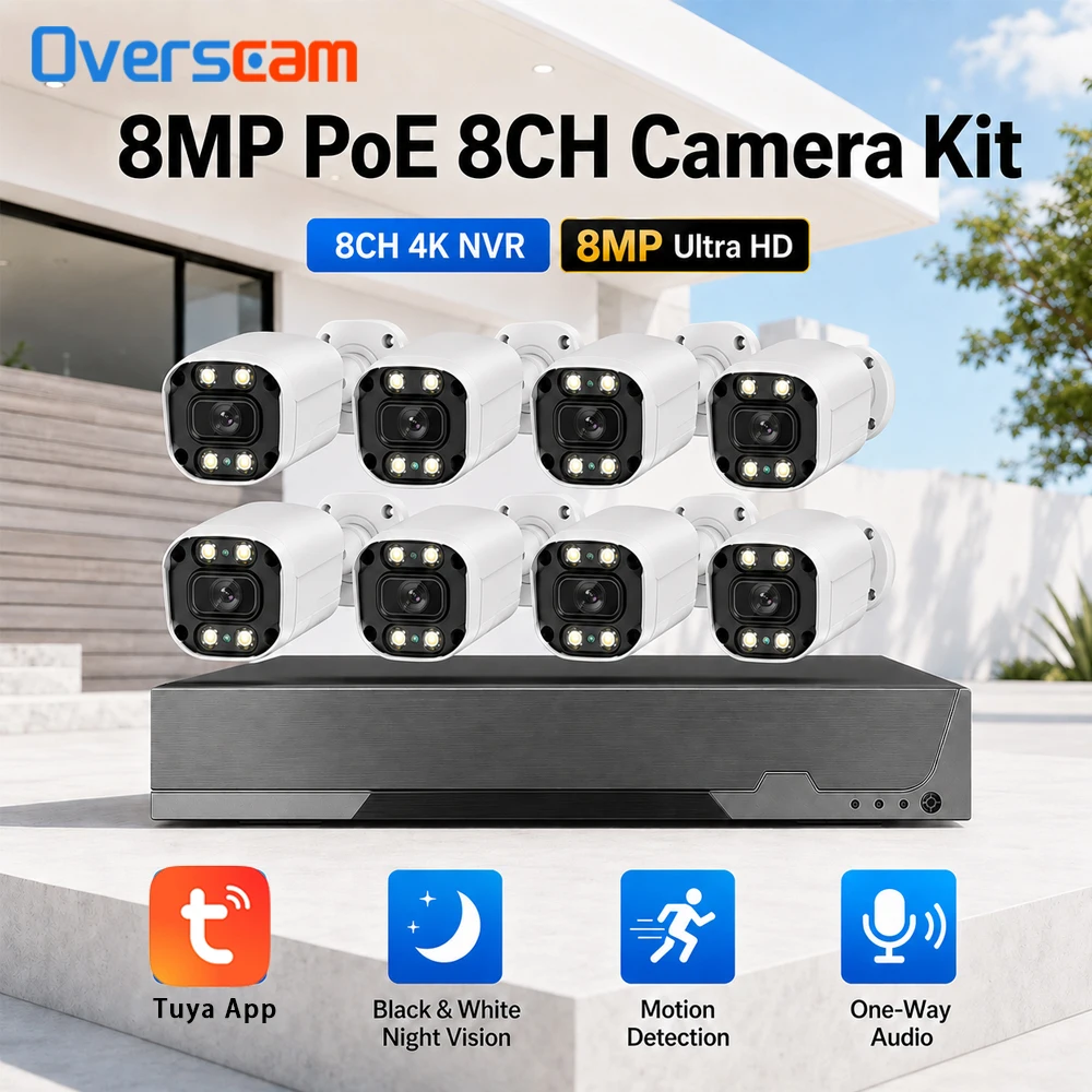 Tuya PoE Security Camera System 8MP 4K 8CH NVR With Bullet Camera IP66 Waterproof Motion Detection Night Vision Audio Record