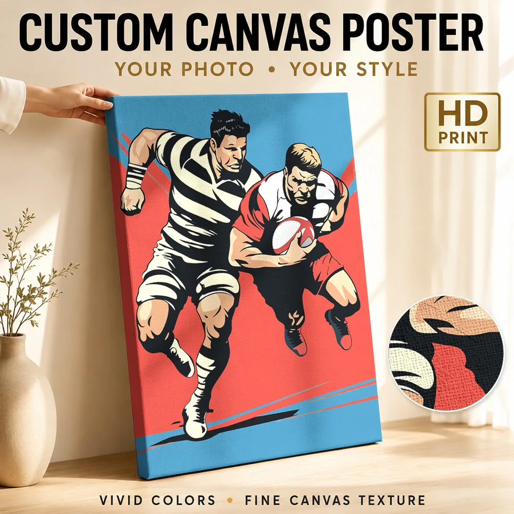 Rugby Players in Action Framed Canvas Poster Personalized Sports Portrait Wall Paintings Decoration for Man Cave Ready to Hang