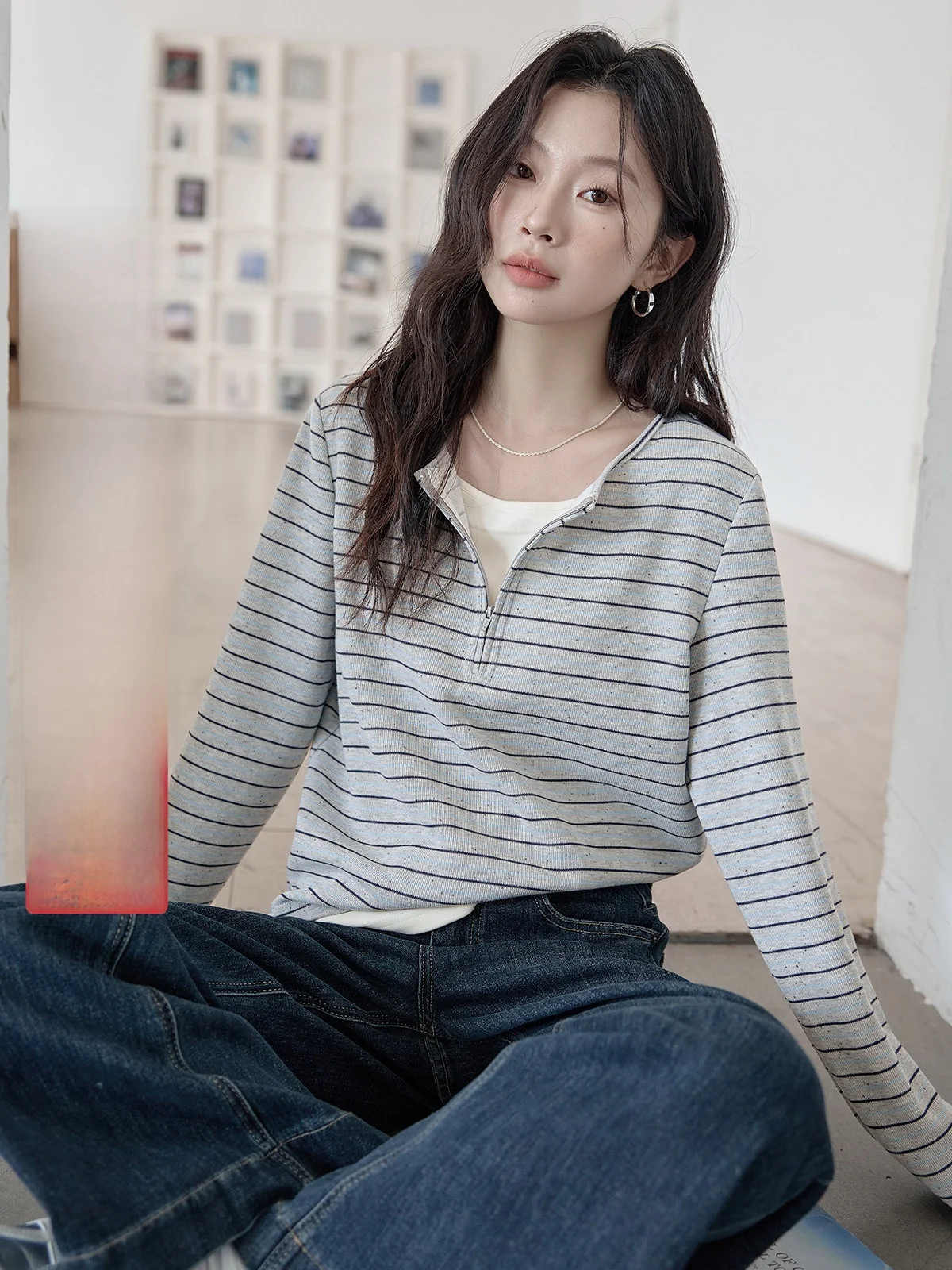 

Повседневная шикарная женская футболка с длинным рукавом, весна 2026, новинка, универсальный полосатый комплект из двух предметов, HuiXi, для повседневной носки, в корейском стиле