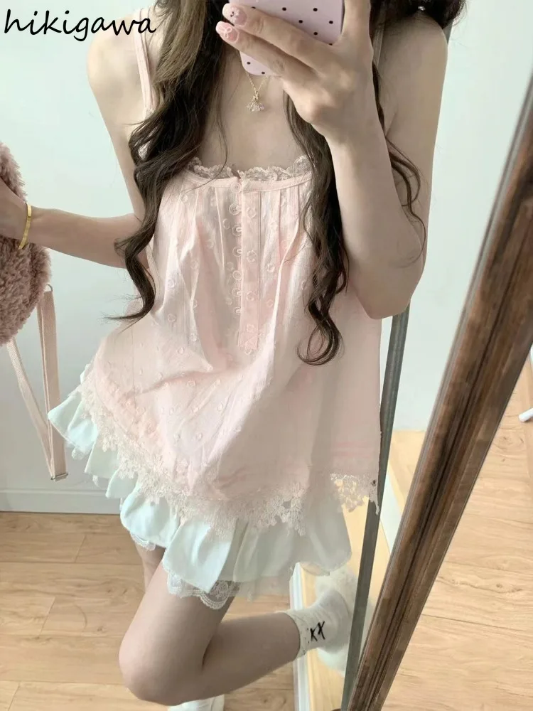 Summer Woman Dress Pink Sweet Loose Sling Robe Femme Patchwork Lace Single Breasted Fashion Cute Dresses Vestidos De Mujer 2024