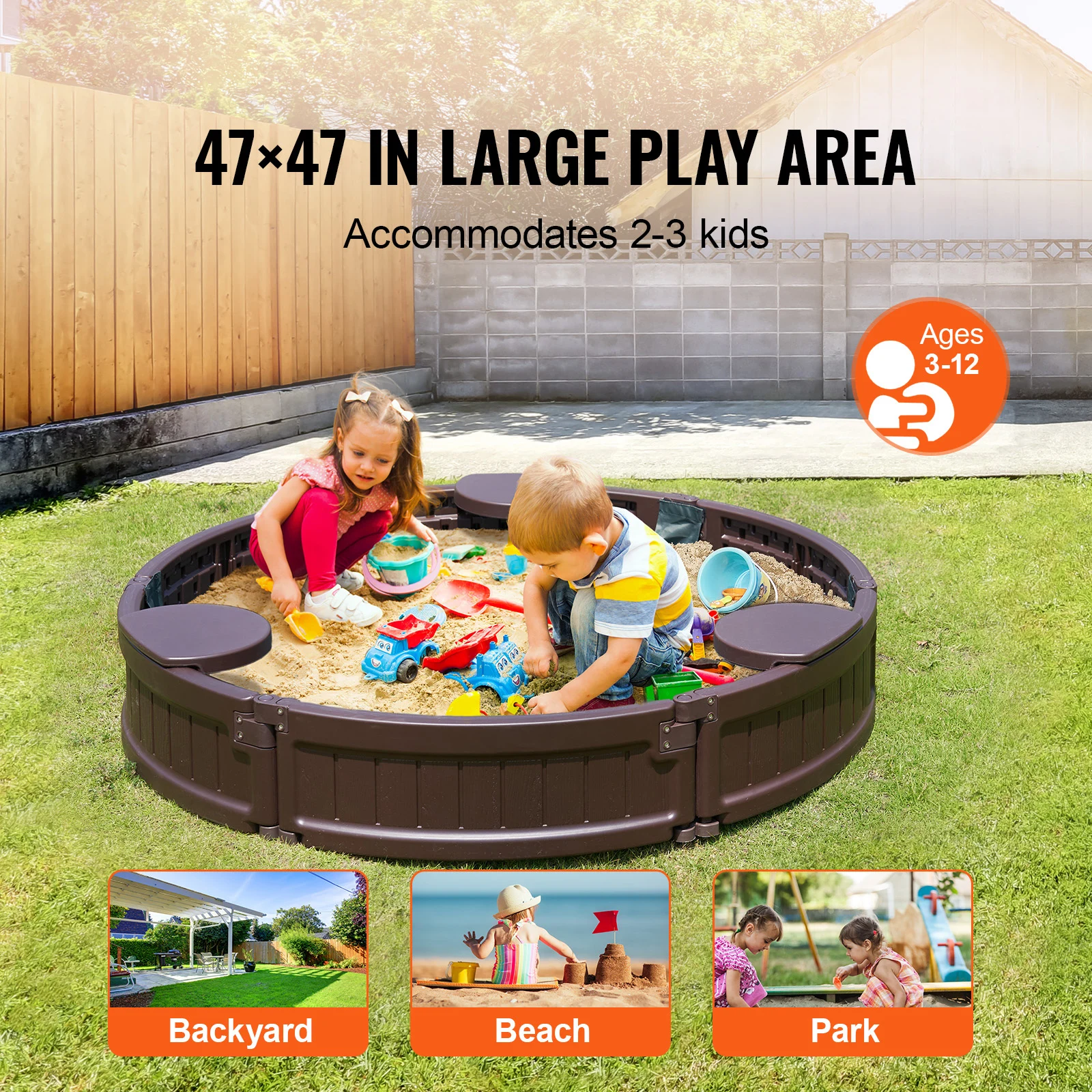 Sandbox with Cover, 47.2 x 9.1 in Round Sand Box, HDPE Sand Pit with 3 Corner Seating and Bottom Liner, Gift for Boys Girls Ages 3-12, Brown, Kids Sandbox for Outdoor Backyard, Beach, Park