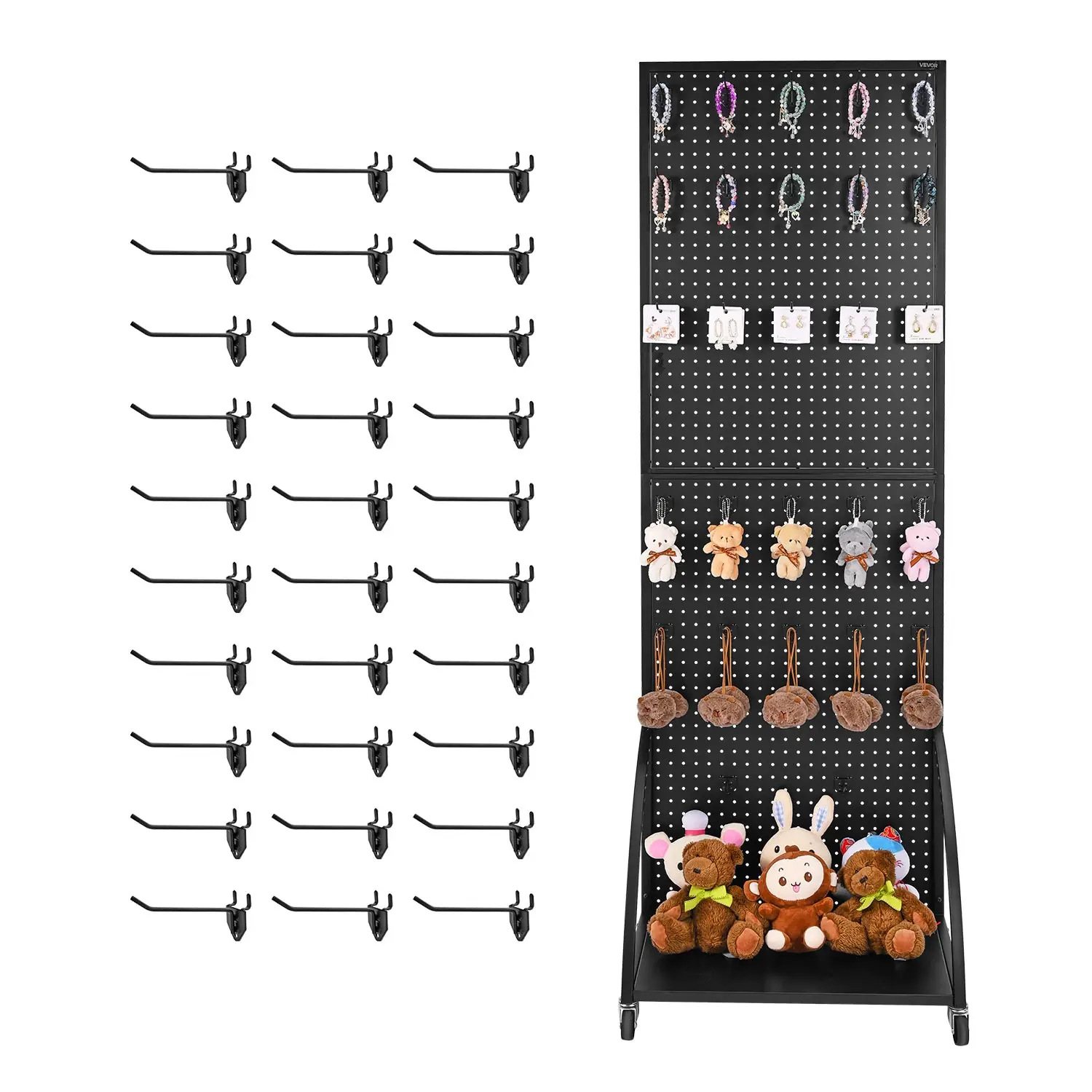 SucceBuy Standing Pegboard Display with Casters & 30 Hooks Thickened Steel Peg Board Panel for Retail Store Jewelry Shop