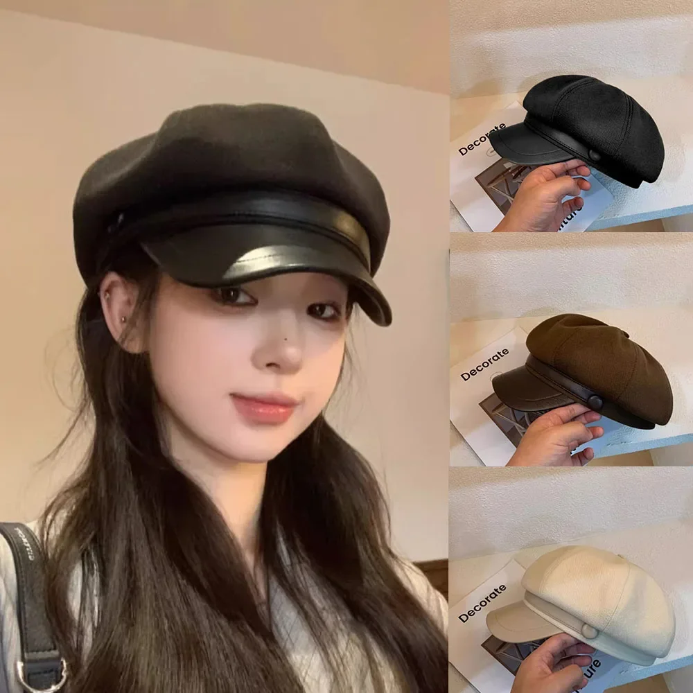 

Women's Fashion PU Leather Beret Adjustable Octagonal Hat Big Head Circumference Retro Style Autumn Winter Accessories