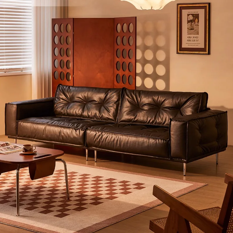 

Black retro oil wax leather sofa living room straight top layer leather down sofa simple three-person leather sofa