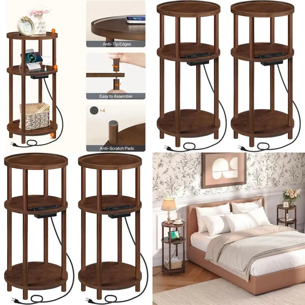 

Комплект из 2 круглых приставных столиков с зарядкой, 3-ярусные, из бамбука, компактные для дивана, простая сборка, идеально подходят для гостиных, цвет мокко