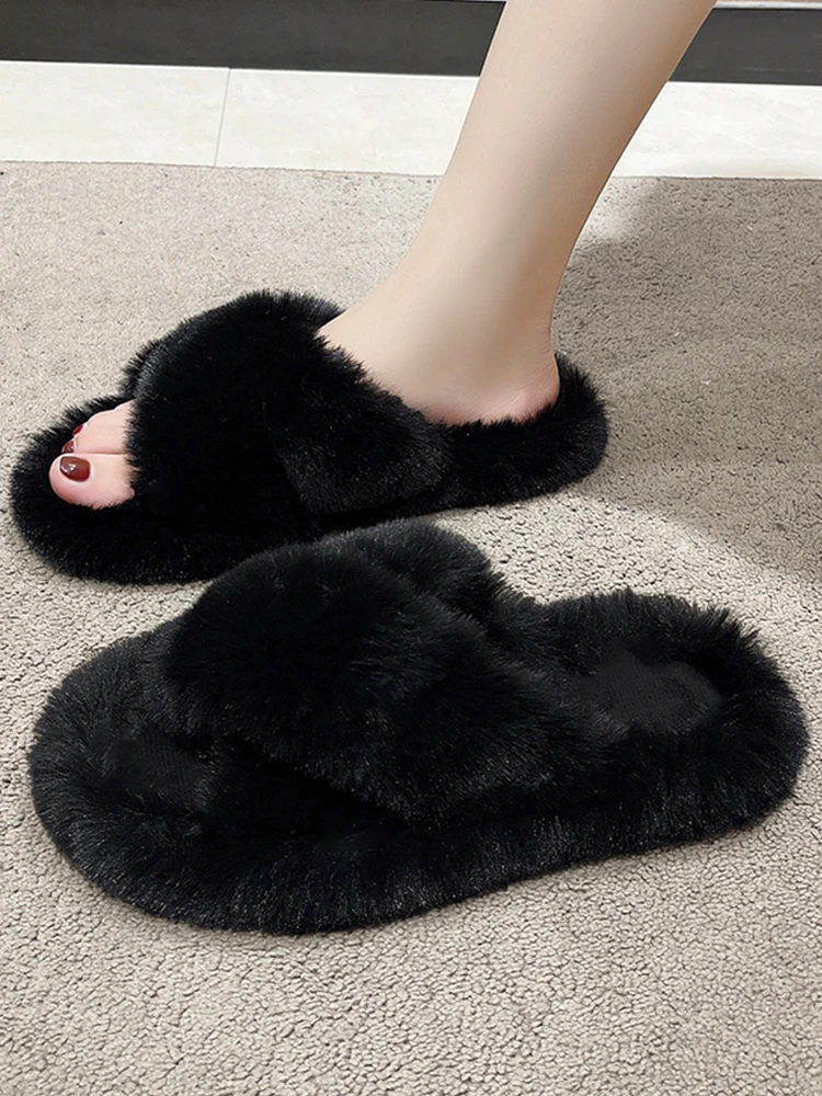 Home Slippers Women's Fur Shoes Fringe Pantofle Flock Slides Massage Plush Flat Soft 2023 Rubber Basic with fur Short Flat Shoes