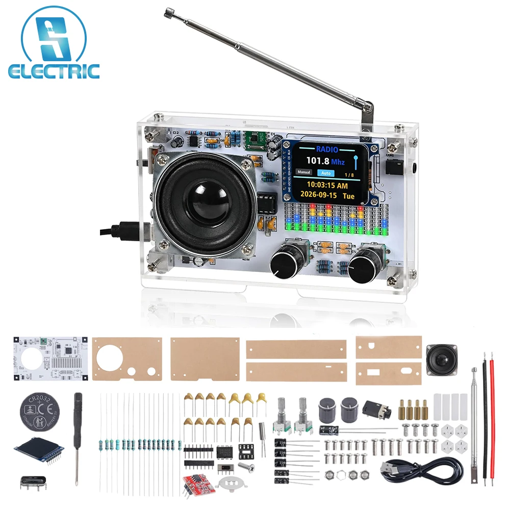 DIY FM Radio Kit Electronics Soldering Project for Adults & Teens with Auto/Manual Tuning Spectrum LED Display & 12/24H Clock