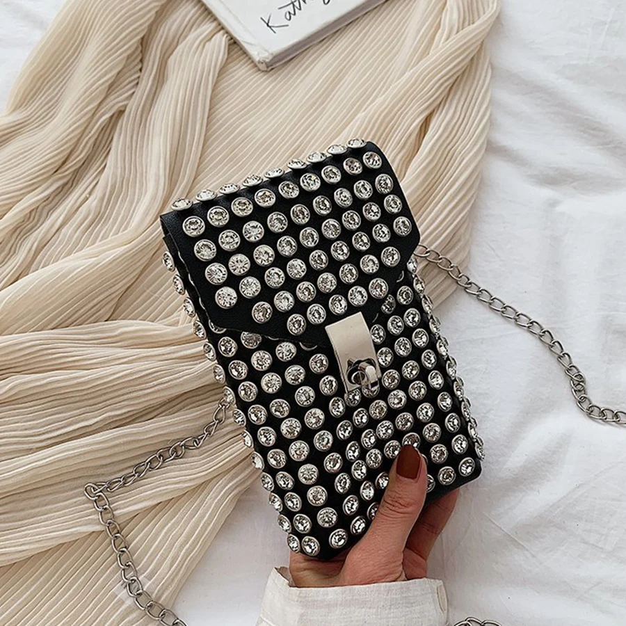 

Shiny rhinestone mobile phone wallet, chain shoulder lipstick small bag, dinner party flap messenger bag pu leather waist bags