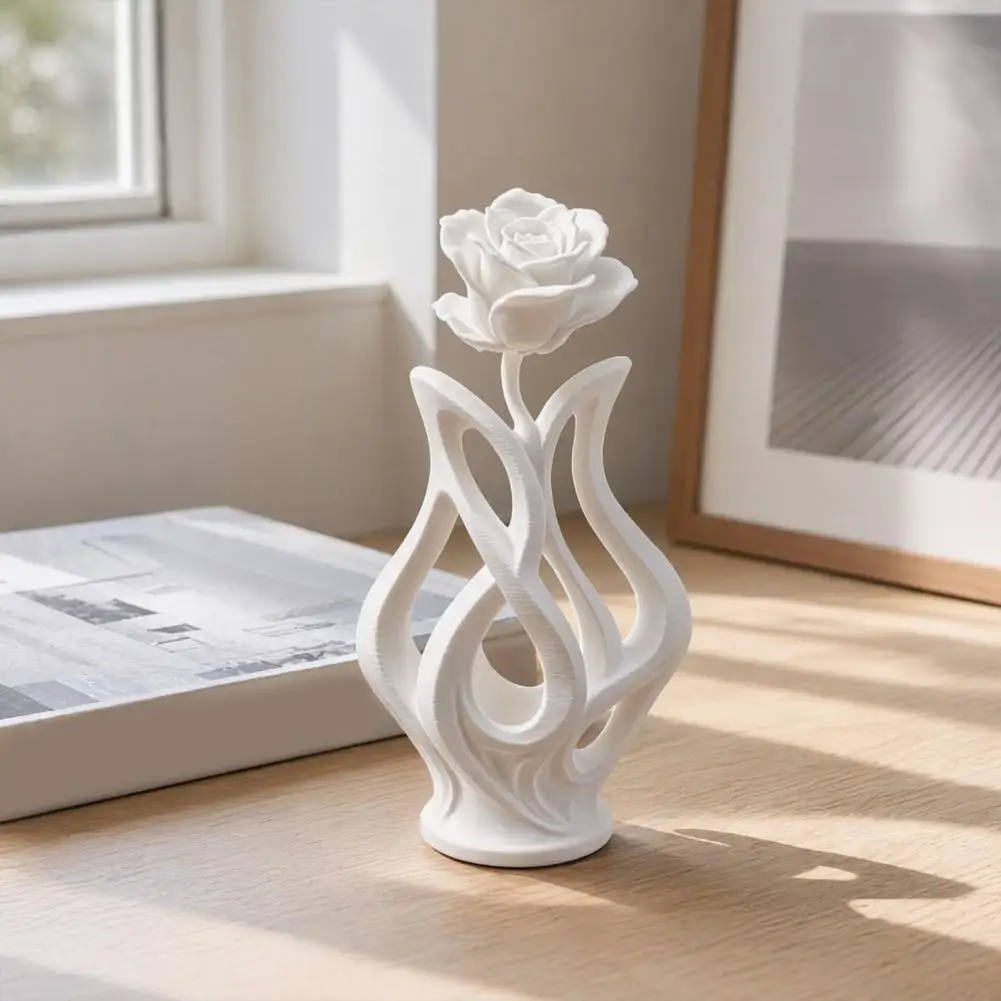 Compact Desk Ornament Small Decorative Vase 3d Printed Rose Sculpture Hollow Vase Minimalist Floral Art Figurine with for Room