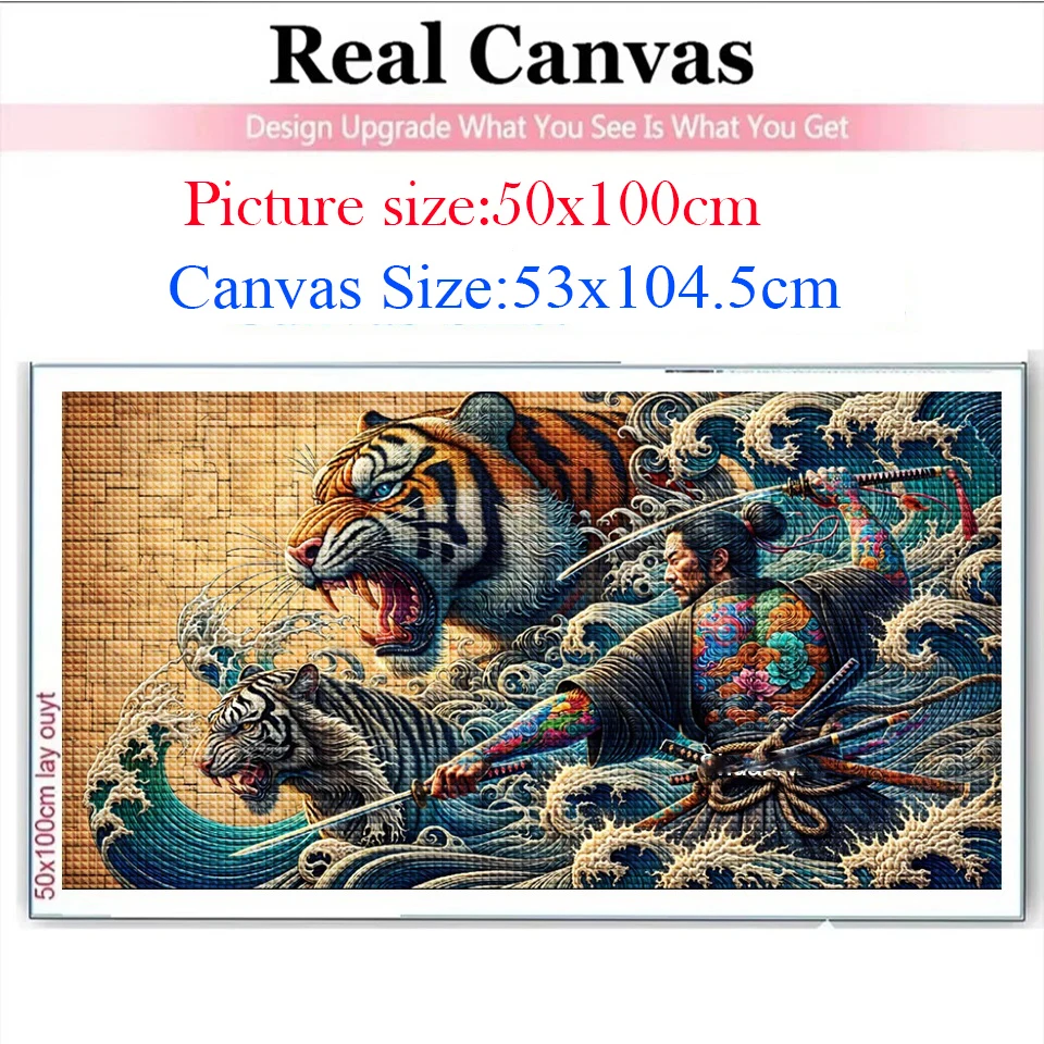 Fierce Tigers Tumultuous Waves 5D Diy Diamond Painting Large Size Full Japanese Warrior Sword Diamond Mosaic Cross Stitch Kits