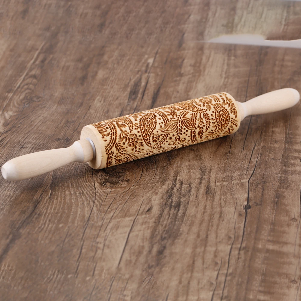New Big size Tree of Life Deep Engraved Wooden Embossed Cookie Flower Rolling Pin for Baking 3D Mold