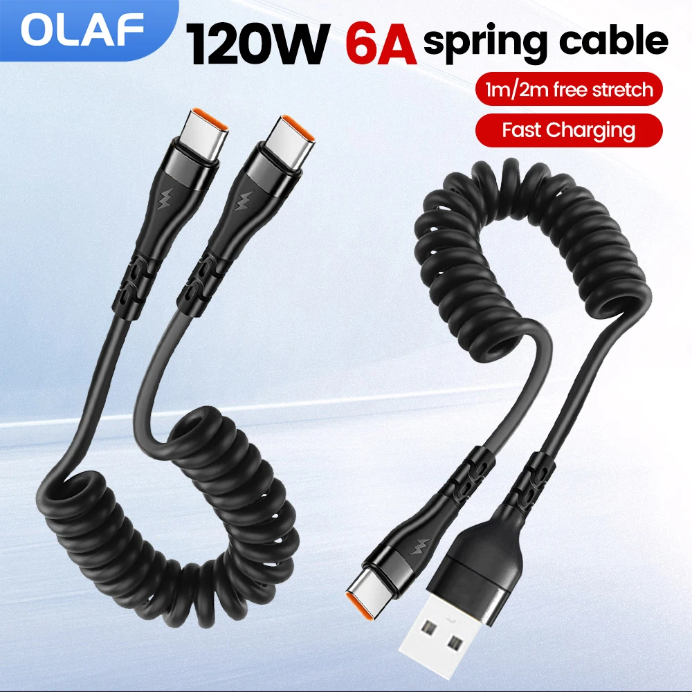 120W 6A Fast Charging Type C Cable Spring Cable Telescopic Car Charger Cable For Samsung Huawei Xiaomi USB C Cable For iPhone 15