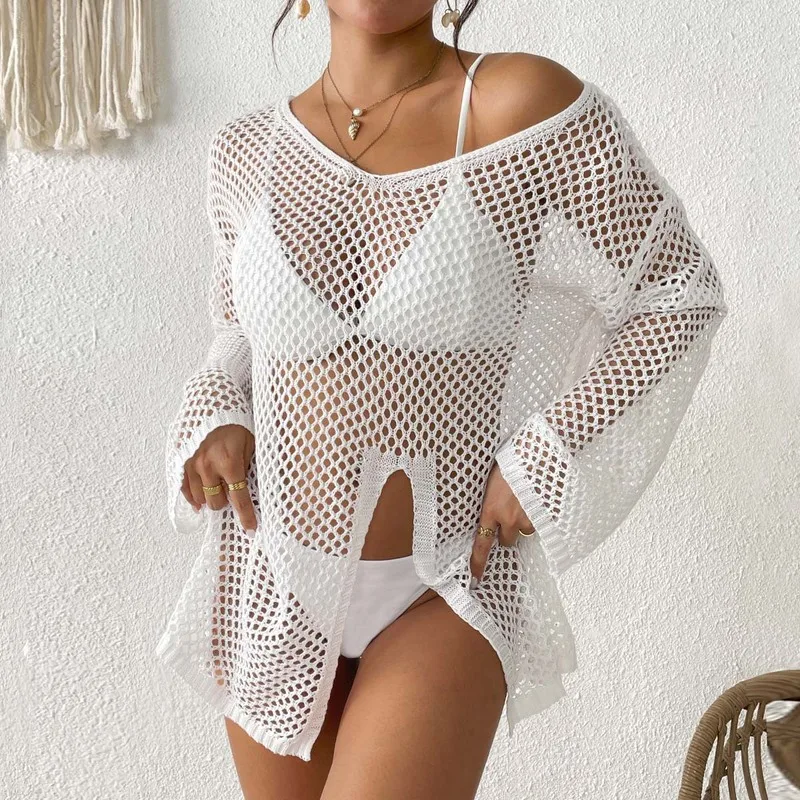 Irregular V Neck Hollow Out Side Slit Cover Up Beach Dress Swimsuit Bikini Coverup for Women Summer Vacation Pool Party