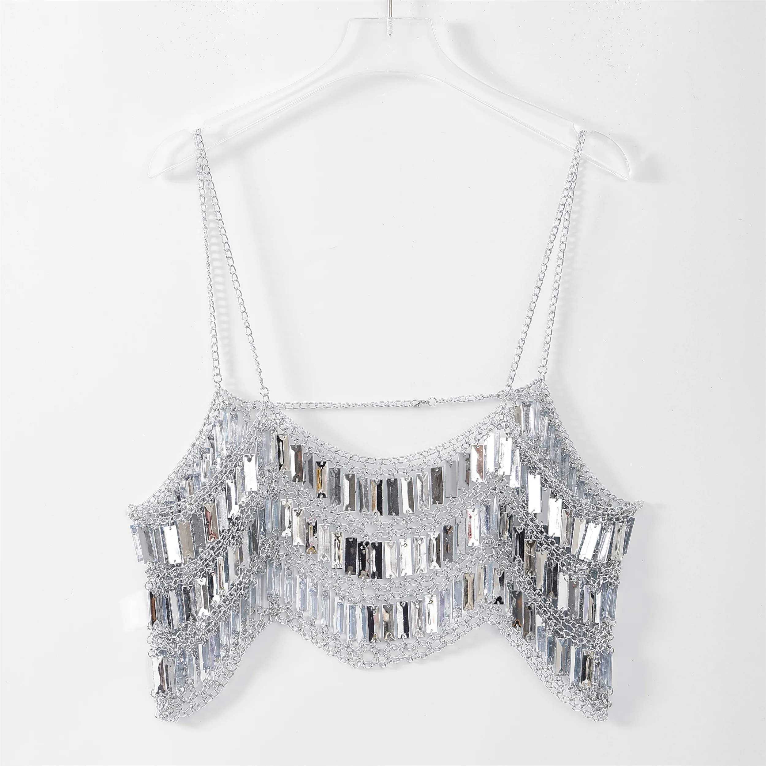 

Sexy Spicy Girl Metal Sequin Body Chain Music Festival Party Silver Sequin Top Nightclub Trend Hanging Neck Bead Suspender Top