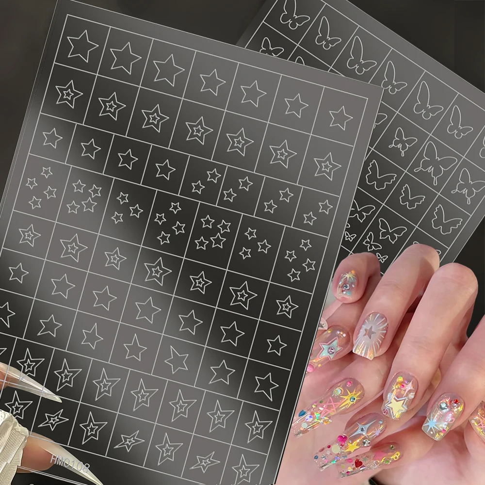 1Pcs Star Butterfly Hollow Design Nail Stickers Transparent Spray Painted Love Bowknot French Pattern Template Nail Art Decals#-