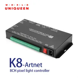 K8-artnet 8CH output super programmabile SD card LED pixel light controller, con DMX512 master control, DXF a LED map, sincronizzazione AC