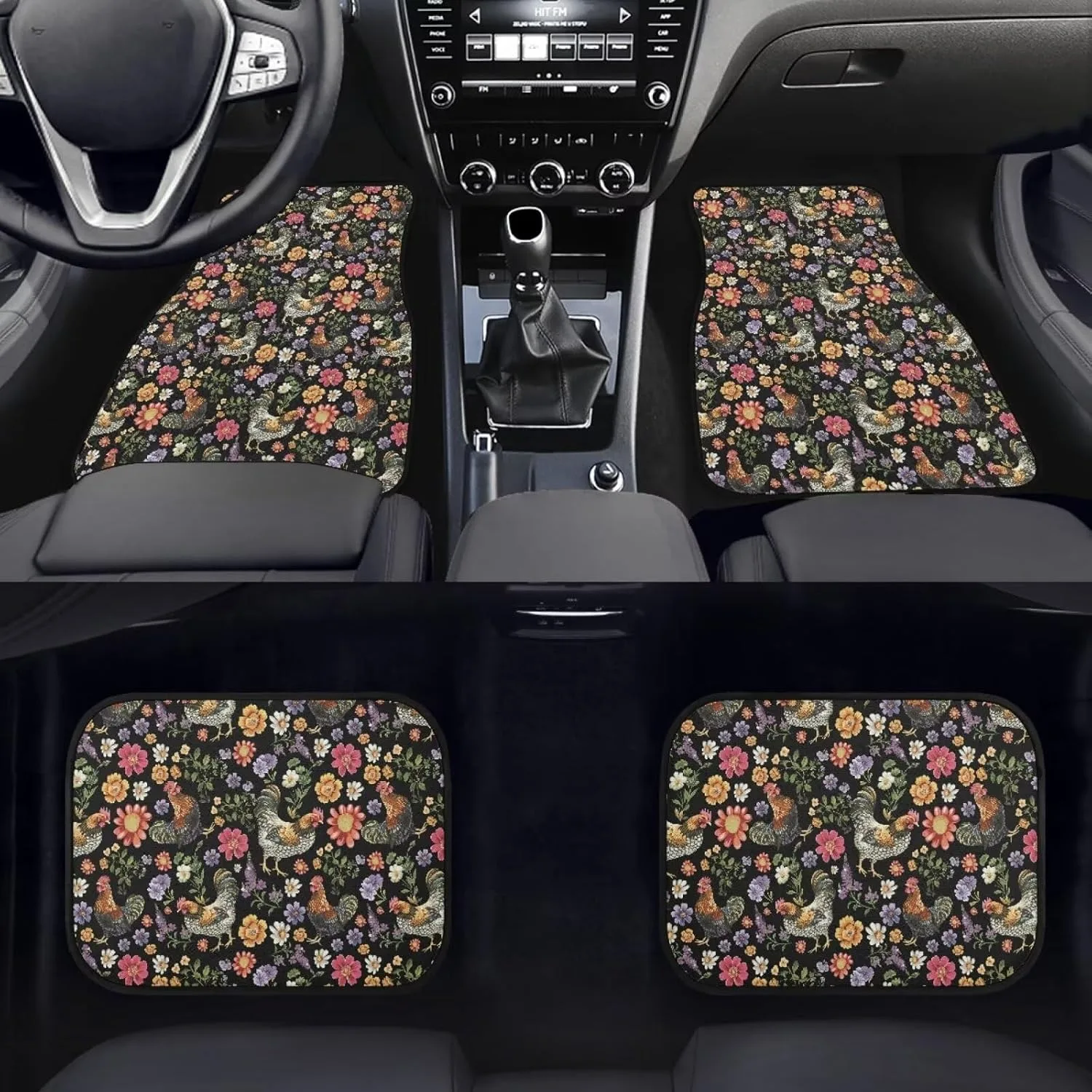 4pcs Waterproof Car Floor Mat Chicken Floral Print Durable Universal Fit Car Carpet Anti-Slip Floor Mats For SUV Vans Sedan Truc